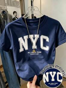 Resyla 復古美式風格 NYC 字母泡泡印花圓領 T 恤，海軍藍基礎休閒上衣，NYC 泡泡印花復古短袖上衣 - 藏蓝色 - 查看 3