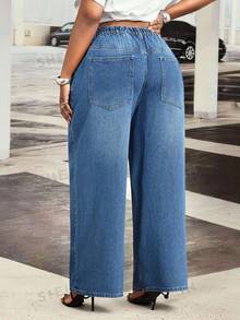 Slaydiva Plus Size Women's All Season Split Rivet Pocket Dark Blue Denim Jeans - Dark Wash - View 2