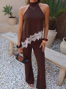 Lumalex Brown Chocolate Brown Halter Top Flare Pants Set High Neck Keyhole Back Asymmetric Lace Trim Hem Sleeveless Luxury Elegant Dinner Night Summer - Multicolor - View 4