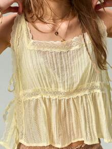 SHEIN Women's Square Neck Lace Trim Patchwork Tie-Up Elegant Fashion Versatile Tank Top - Yellow - View 8