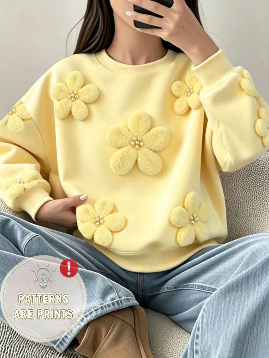 女童可愛淡黃色圓領休閒衛衣,3D毛絨珍珠花數位印花,柔軟寬鬆長袖套頭衫,適合日常穿著 - 彩色 - 查看 1