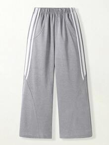 Casuvi Kids Casuvi Tween Girls Daily Basic Loose Minimalist Casual Knit Pocket White Striped Sweatpants - Grey - View 6
