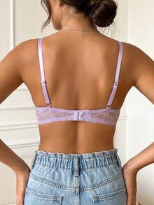 SHEIN 1件女款純色性感蕾絲胸罩，附蝴蝶結裝飾 - 淡紫色 - 查看 2