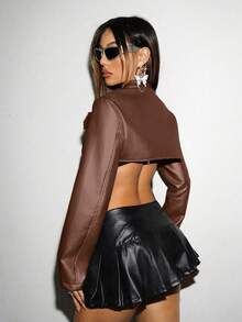 SHEIN Unity Women's Solid Color Minimalist Daily Wear Snap Fastener Long Sleeve Jacket Y2K - Brown - View 2