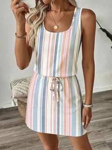 SHEIN LUNE Women's Casual Printed Short Dress Suitable For Spring And Summer Vacation Pink And White Striped - Multicolor - View 2