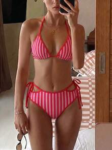 Swim Vcay Women's Spring/Summer Hot-Selling Fashion Striped Print With Solid Color Trim Design Beach Two-Piece Bikini Vacation Set - Red - View 1