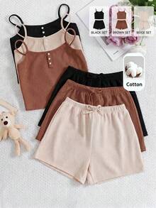 SHEIN Conjunto de 6 piezas de top de camisola y shorts de unicolor de punto para niña preadolescente - Multicolor - Ver 4