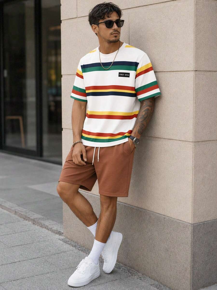 Sorvial Men's Fashion Colorful Striped Print T-Shirt And Drawstring Waist Shorts Set