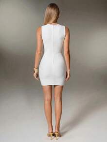 Nuvra Ribbed V-Neck Waist-Defining Hip-Enhancing Bandage Women's Dress Night Out Club All White Summer Wedding Sexy - White - View 2