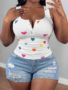 Slaydiva Plus Size Women Heart & Graphic Print Button-Up Sleeveless Top - White - View 5