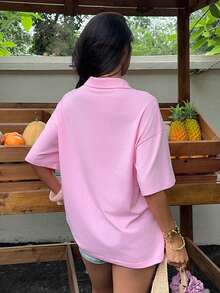 SHEIN EZwear 女士粉色刺绣针织宽松休闲T恤，夏季款 - 粉色 - 查看 2