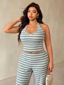 Auralis Plus Size Allover White Backless Halter Top And Long Pants 2 Pieces Set Vacation Summer Sexy Beach Vacation - Multicolor - View 4