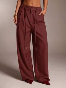 SHEIN Tall CURVE 大尺碼女款純色口袋休閒百搭日常穿著長褲 - 鏽棕色 - 查看 1
