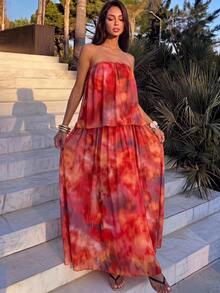 Firerie Women's Elegant Tropical Romantic Beach Vacation Party Date Afternoon Tea Sister Gathering Braided Red Orange Print Mesh Sheer Draped Tube Top Dress - Multicolor - View 6