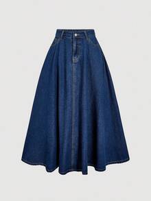 SHEIN MOD 女式口袋褶皱休闲牛仔 A 字裙 A 字牛仔裙、女式秋季服装、万圣节服装、商务休闲女装、女式休闲裙、女式牛仔裙、女式优雅裙、女式秋季裙、大码秋季服装、乡村音乐会、女式优雅裙 - 深色水洗藍 - 查看 1