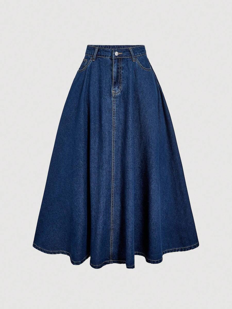 SHEIN MOD 女式口袋褶皱休闲牛仔 A 字裙 A 字牛仔裙、女式秋季服装、万圣节服装、商务休闲女装、女式休闲裙、女式牛仔裙、女式优雅裙、女式秋季裙、大码秋季服装、乡村音乐会、女式优雅裙 - 深色水洗藍 - 查看 1