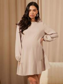 MaterniWear 女士休闲宽松长袖卡其色连衣裙，秋冬季，秋季短裙，秋季女装，办公室/工作服，返校节，教师服装，孕妇装 - 卡其色 - 查看 5