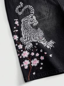 ROMWE MEN 男士寬鬆版型牛仔短褲，附老虎刺繡圖案 - 黑色 - 查看 2