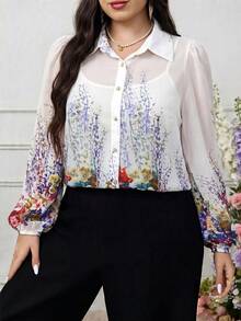 Modelyn 大尺碼女款花卉圖案燈籠袖單排扣優雅襯衫 - 白色 - 查看 1