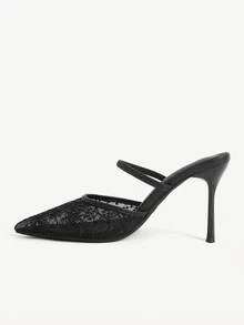 CUCCOO CHICEST Women's Spring And Summer Black Lace Mesh Pointed High Heels Women's Back Strap Stiletto Shoes - Black - View 6