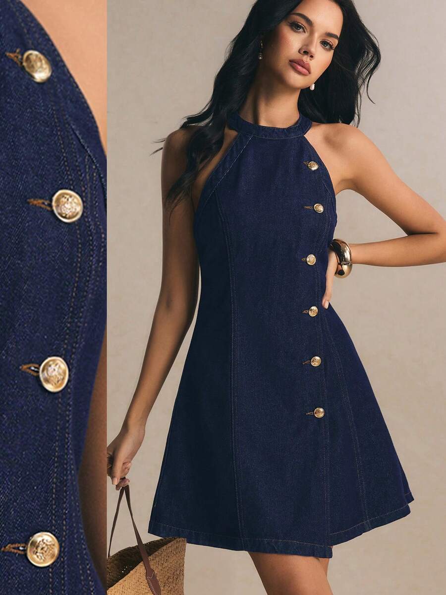 Poéselle Women's Autumn Casual Retro 70s Halter Neck Sleeveless Denim Dress, Commuter, Elegant, Date Everyday Brunch, Party, Navy Blue - Blue - View 1