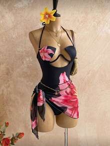 SHEIN Swim 女款一件式泳衣 硬罩杯鋼圈黑色鏤空設計，附配套遮陽裙，適合海灘度假、泳池派對、夏季熱帶性感風 - 黑色 - 查看 4