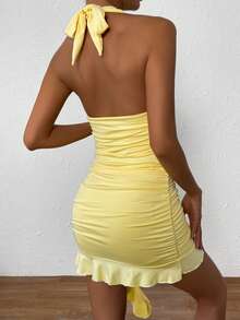 Allurite Ruched Ruffle Hem Backless Halter Bodycon Dress - Yellow - View 2