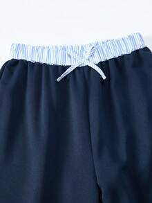 SHEIN ChillGRL 2件組 青少年女孩休閒返校季秋冬拼接對比色襯衫風V領短版上衣 - 藏蓝色 - 查看 5