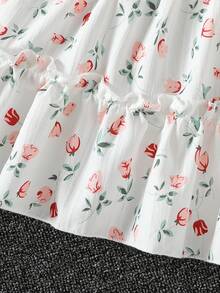 SHEIN Elladie kids 女童新款時尚領長袖外套搭配鬆緊腰A字分層花卉印花吊帶洋裝 2件套，適合休閒日常穿著與度假，春/秋季 - 藍色 - 查看 6