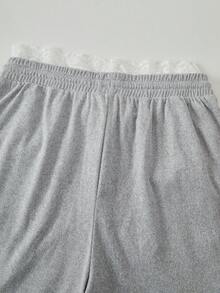 SHEIN Sparklyn Teen Girls Wide Leg Lace Patchwork Drawstring Waist Pocket Casual Sweatpants, Fall, Minimalist, Back To School, Outfit - Light Grey - View 6