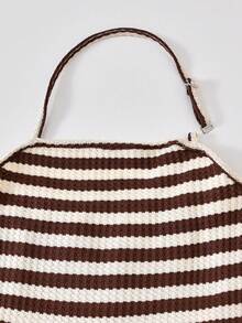 Teen Girls Slim Fit Strapless Bandeau Brown & White Horizontal Striped Knit Textured Jumpsuit, Elastic Skin-Friendly Comfortable Versatile Chic Style For Daily Wear, Outing, Outing, Vacation And Photos - Brown - View 6
