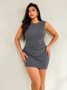 Auralis Plus Size Women's Solid Color Round Neck Ruched Fitted Tank Dress Casual Sexy Elegant Office Mother Of The Bride Wedding Black Summer - Grey - View 2