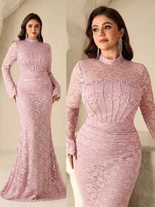 Coutiva Plus Size Women's Elegant Ruched Waist Stand Collar Evening Dress - Pink - View 7
