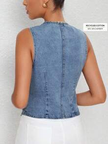 Selenza Plus Size Solid Color V-Neck Sleeveless Front Button Summer Fashion Denim Jacket - Blue - View 2