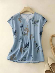 Rusticease Women's Floral Print Button Design Notch V-Neck Blouse For Middle-Aged And Elderly - Dusty Blue - View 7