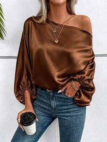 SHEIN 女款素色不對稱肩休閒百搭日常穿著襯衫 - 棕色 - 查看 4
