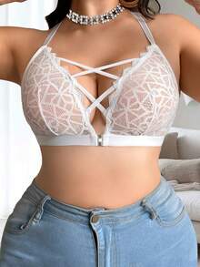 SHEIN Front Closure Lace Plus Size Wireless Bra, 1pc - White - View 5
