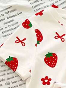 Souflis Souflis (3 piezas aleatorias, se envía 1 pieza) Camiseta corta básica para bebé niña con estampado de rayas de fresa, lazo y flores de arroz coloridas, uso diario para todas las estaciones - Multicolor - Ver 4