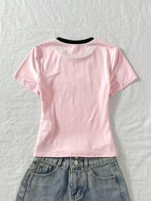 Tween Girls' Casual Pink Knit Letter & Floral Print Round Neck Short Sleeve T-Shirt, Summer - Pink - View 2