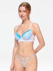Bonmuse 女士蕾丝加垫聚拢文胸 - 舒适支撑，提升胸型 - 淺藍色 - 查看 4
