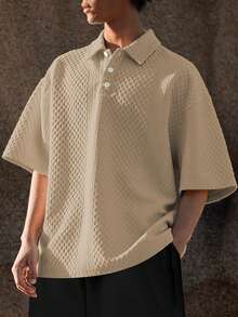 Manfinity Homme 男士大尺碼不對稱提花落肩休閒短袖 Polo 衫，適合日常穿著、度假，送給丈夫/男友的禮物 - 卡其色 - 查看 1