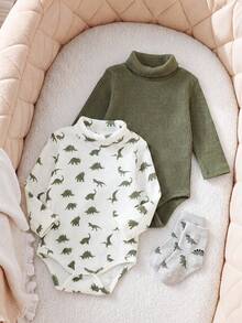 SHEIN Playful Pals 男嬰休閒百搭高領羅紋紋理面料長袖多件式連身衣套裝 秋冬款 - 綠色 - 查看 3