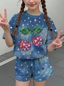 女童休閒極簡可愛甜美波點亮面質感櫻桃印花短袖短褲兩件套 夏季 7 歲生日 - 彩色 - 查看 3
