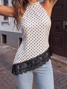 SHEIN Women's Polka Dot Contrast Lace Halter Neck Asymmetric Ruffle Top - White - View 6
