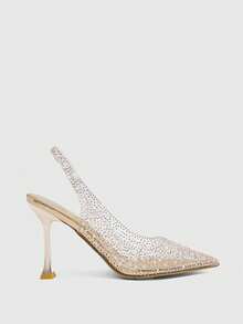CUCCOO SZL Ladies Pointed Back Empty Fashion Elegant Party Transparent TPU Fabric Contrasting Color Hot Pearl Rhinestone Rear Lift Strap High Heel Shoes - Gold plate - View 2