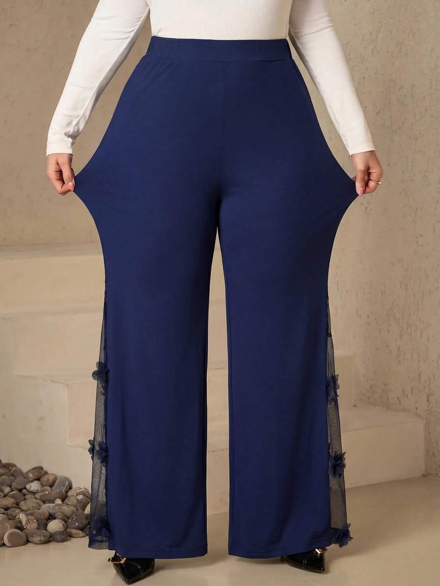 SHEIN Clasi 大尺碼女款高腰拼接刺繡網紗寬腿長褲