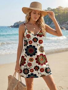 SHEIN LUNE Women's Floral Print Casual Daily Mini Camisole Dress - Multicolor - View 3