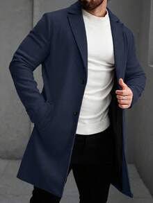 Manfinity Mode Men's Solid Color Pocket & Button Front Long Sleeve Overcoat, Autumn Fall Clothes, Winter - Navy Blue - View 5