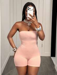 BamGleam Versatile Seamless Solid Color Sexy Tight-Fitting Bandeau Romper Shorts - Baby Pink - View 4