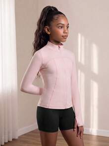 SHEIN 少女運動服，粉色彈性防曬瑜伽外套，適用於瑜伽、普拉提、跑步和戶外運動 - 淺粉色 - 查看 5